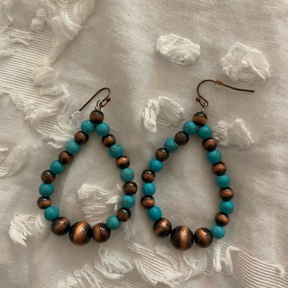 Turquoise and brown pearl bead drop earring